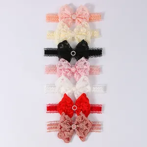 Detailed view of colorful lace bow baby headbands for newborn girls party wear