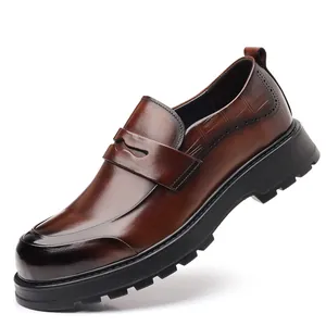 Classic men's brown leather penny loafers featuring a durable thick black lug sole