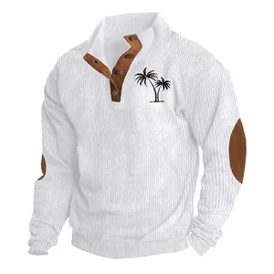 Front detail of men's white ribbed corduroy sweatshirt with palm tree print