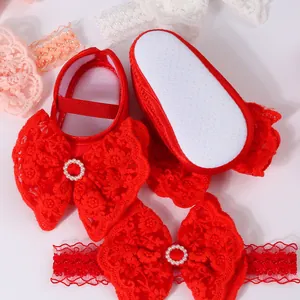 Red infant princess shoes and lace headband set with pearl decorative bows