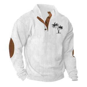 Detailed view of white corduroy sweatshirt with coconut tree print and elbow patches