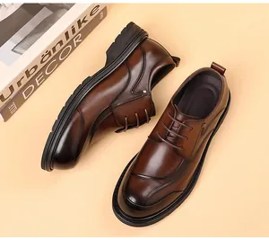 Classic brown genuine cowhide leather business dress shoes for men with chunky thick soles