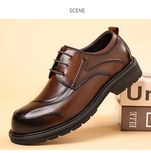 Detailed side view of brown premium leather business shoe featuring thick sole and brogue details