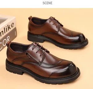 Close-up of premium brown leather men's business shoes with thick soles