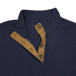 Close-up detail of navy blue corduroy sweatshirt featuring brown stand-up collar and four buttons