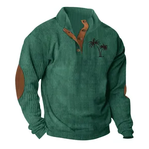Men's green ribbed corduroy sweatshirt with stand collar, brown patches, and palm tree print