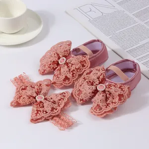 Elegant pink baby princess shoes and matching lace bow headband set for infants