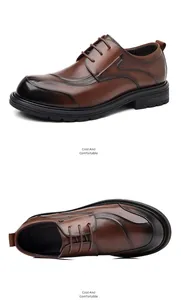 Detailed view of men's brown genuine leather wingtip brogue business shoes with thick soles