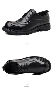 Detailed top and side views of premium black leather men's business oxfords with thick soles