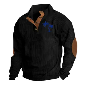 Men's black corduroy sweatshirt with stand collar and blue palm tree detail