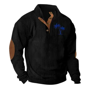 Men's ribbed corduroy sweatshirt with palm tree print and elbow patches.