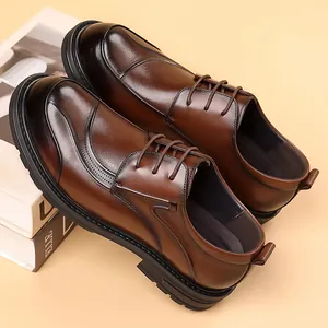 Men's Business Formal Shoes Head Layer Cowhide Leather Brogue Carved Detail Thick Bottom Rubber Sole Lace-up Office Career Wear Shoes