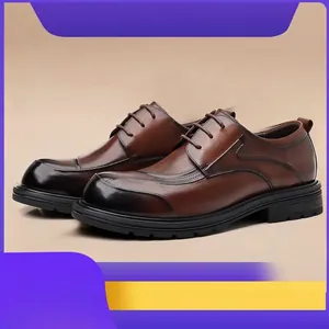 Classic brown leather men's business derby shoes with wingtip brogue detail