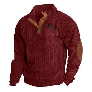 Men's burgundy ribbed corduroy sweatshirt with palm tree print and elbow patches