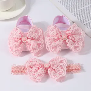 Infant pink lace bow shoes and matching headband set for baby girl princess outfit