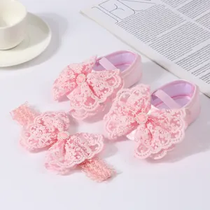 Adorable pink lace baby princess shoes with matching floral bow headband gift set