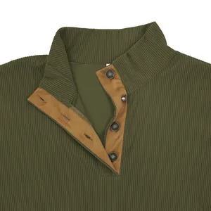 Macro view of olive green corduroy sweatshirt featuring a 4-button stand collar design.