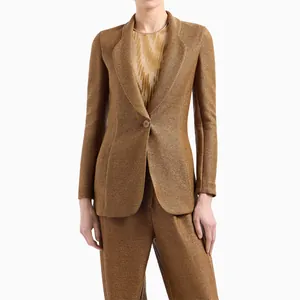 Premium brown textured blazer suit with decorative resin buttons for professional women