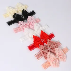 Set of 7 delicate lace bow headbands for baby girls in various colors for parties