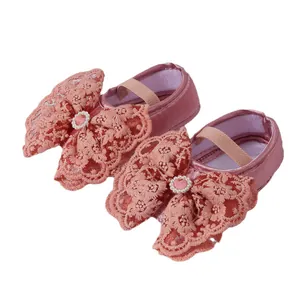 Pink satin baby girl princess shoes with elegant lace bow and pearl decoration for 0-1 year