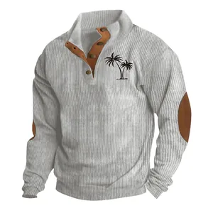 Men's casual ribbed corduroy sweatshirt featuring a stand collar and palm tree chest print