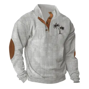 Detailed view of men's ribbed corduroy sweatshirt featuring palm tree chest print