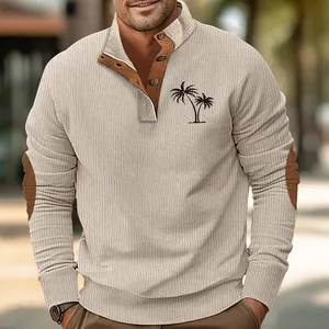 Men's stylish ribbed corduroy sweatshirt with coconut tree print and casual stand collar
