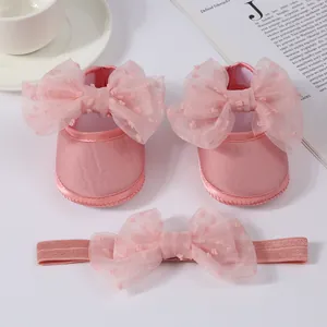 Zapatos de princesa rosa para bebé y conjunto de diadema con lazos de tul suaves