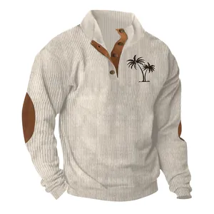 Close-up of men's ribbed corduroy sweatshirt featuring a palm tree print on the chest
