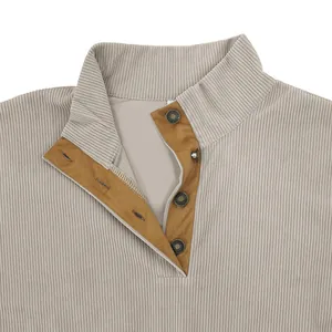 Detail shot showing the corduroy texture and button placket of a men's stand collar sweatshirt