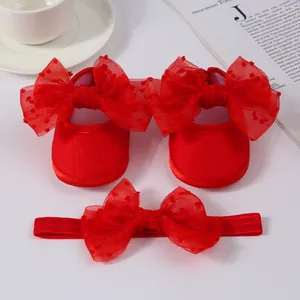 Zapatos de princesa y diadema roja para bebé con lazos de tul para niñas de 0-1 año