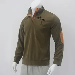 Men's olive green corduroy sweatshirt featuring palm tree print and brown elbow patches.