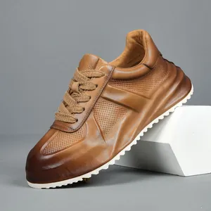 High-End Heren Echt Leren Casual Sneakers 2025 Zomer Ademend Dikke Zool Witte Schoenen Zwart Lichtbruin Mode Geperforeerd Schoeisel