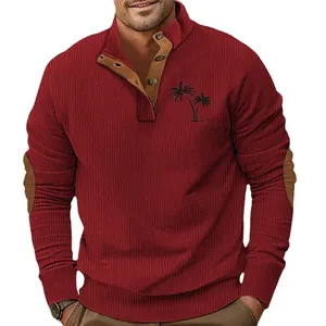 Men's burgundy corduroy sweatshirt with palm tree print and ribbed stand-up collar