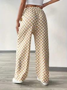 Back view of women's beige checkerboard wide-leg trousers with high elastic waist.