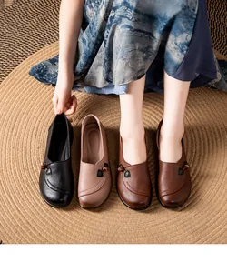 Soft leather flat slip-on shoes for elderly women in black, beige and brown colors