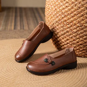 Comfortable brown soft leather loafers for elderly women with non-slip flat soles for spring