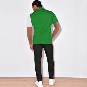Back view of men's green color block corduroy short sleeve shirt and black pants set