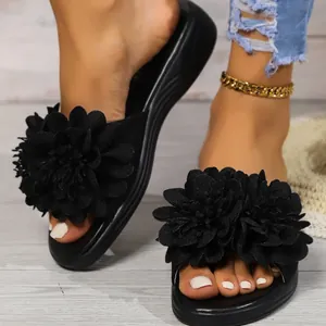 Ciabatte con zeppa nere da donna con grandi fiori 3D e comoda suola platform