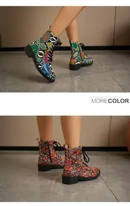 Detail view of colorful patterned Western style flat ankle Martin boots for women
