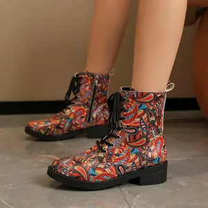 Women Floral Paisley Martin Boots Western Cowboy Style Skull Snake Print Ankle Boots Microfiber Flat Lace-Up Side Zipper Shoes