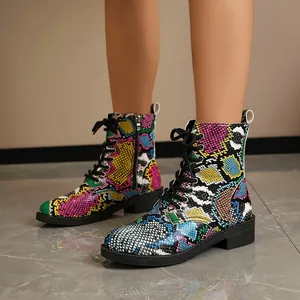 Western style colorful snake pattern flat combat boots with lace-up and side zipper