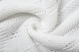 Macro view of the soft white knitted fabric with intricate and breathable crochet patterns.