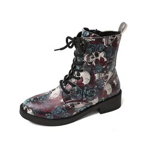 Western style floral skull print high-top Martin boots for women with side zipper