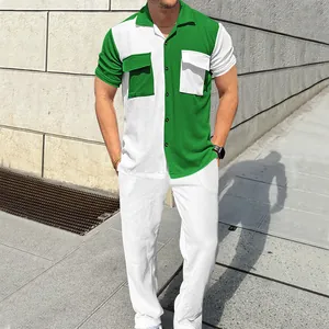 Men Color Block Corduroy Shirt And Pants Set Casual Streetwear Short Sleeve Patchwork Top And Bottom Matching Outfit