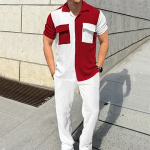 Men's stylish red and white color-block corduroy short sleeve shirt and trousers set.