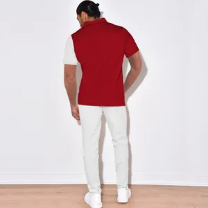 Back view of men's casual color-block corduroy polo shirt and matching pants set