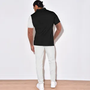 Detailed back view of men's casual color-block corduroy shirt and white pants set