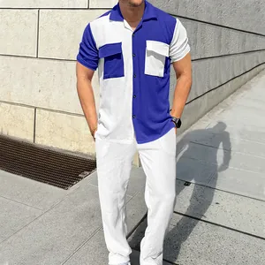 Men's two-piece corduroy set featuring blue and white color-block short sleeve shirt