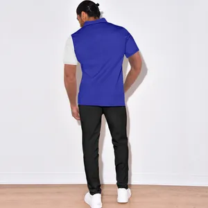 Back view of men's blue and white color-blocked corduroy shirt and black pants set.